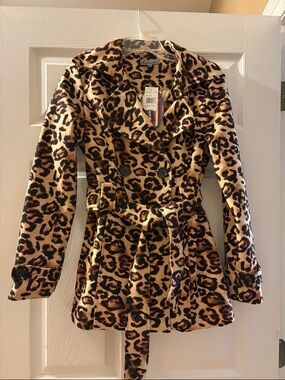 Leopard Print Belted Pea Coat - Black & Tan